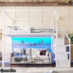 Queen size white metal loft bed with storage stairs and wardrobe