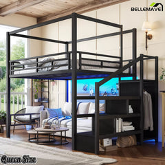 Queen size black metal loft bed with storage stairs, wardrobe, and blue LED lighting