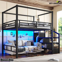Queen size black loft bed with blue LED lighting and open space underneath