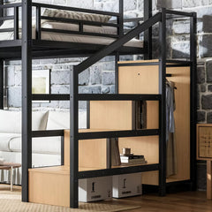 Close-up of loft bed storage stairs and wardrobe with open underbed space
