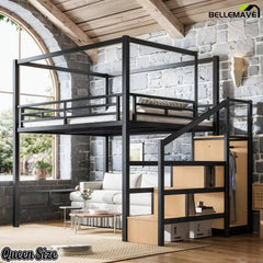 Queen size metal loft bed with storage stairs, wardrobe, and open underbed space