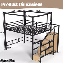 Queen size loft bed dimensions with storage stairs and wardrobe