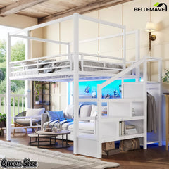 Queen size white metal loft bed with storage stairs and open underbed space