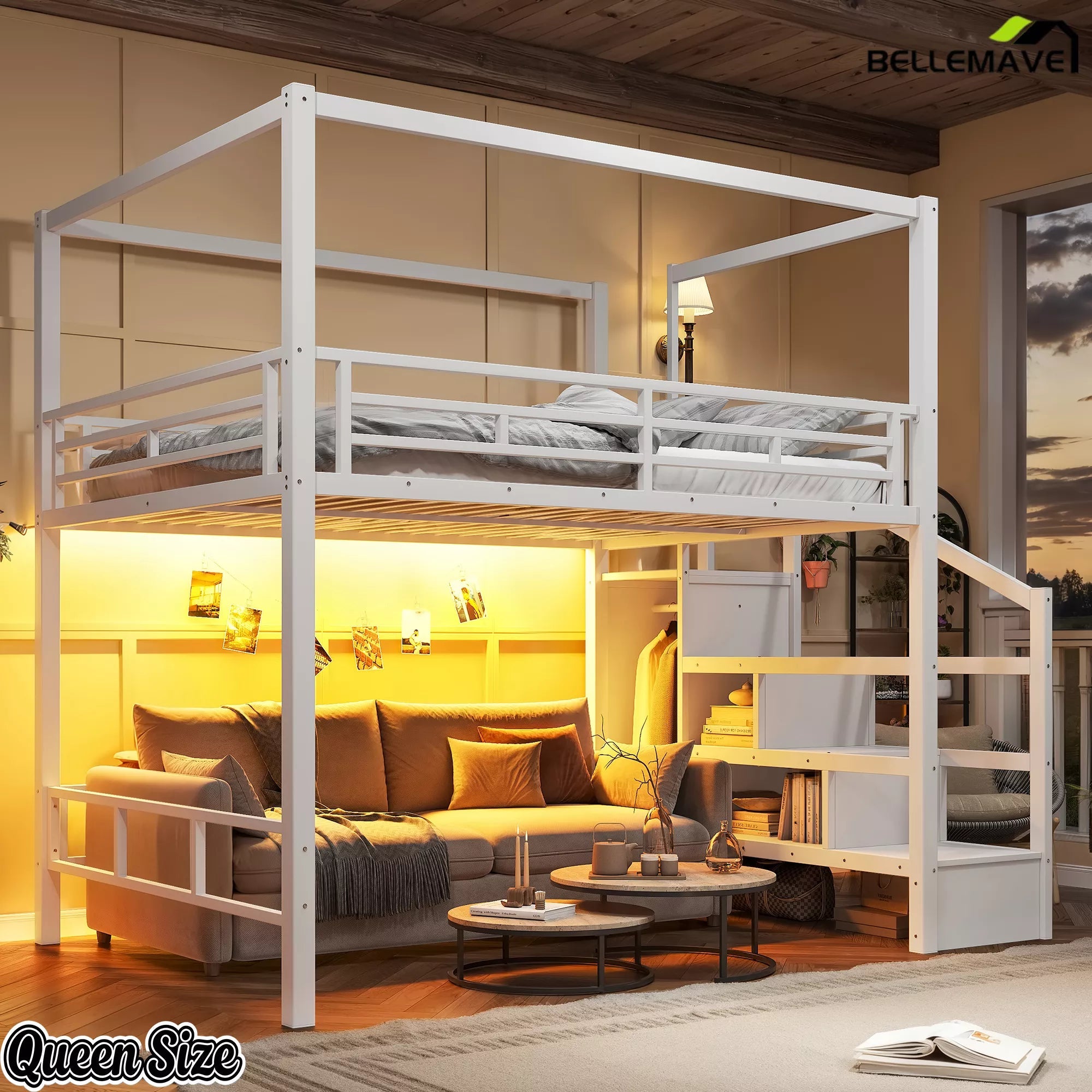 Queen size white loft bed with storage stairs, wardrobe, and canopy frame