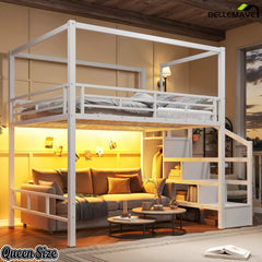 Queen size white loft bed with storage stairs, wardrobe, and canopy frame