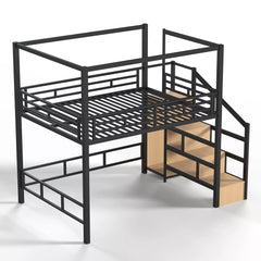 Three-quarter view of a black metal loft bed with storage stairs and wardrobe