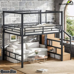 Queen size black metal loft bed with storage stairs and wardrobe in a bedroom