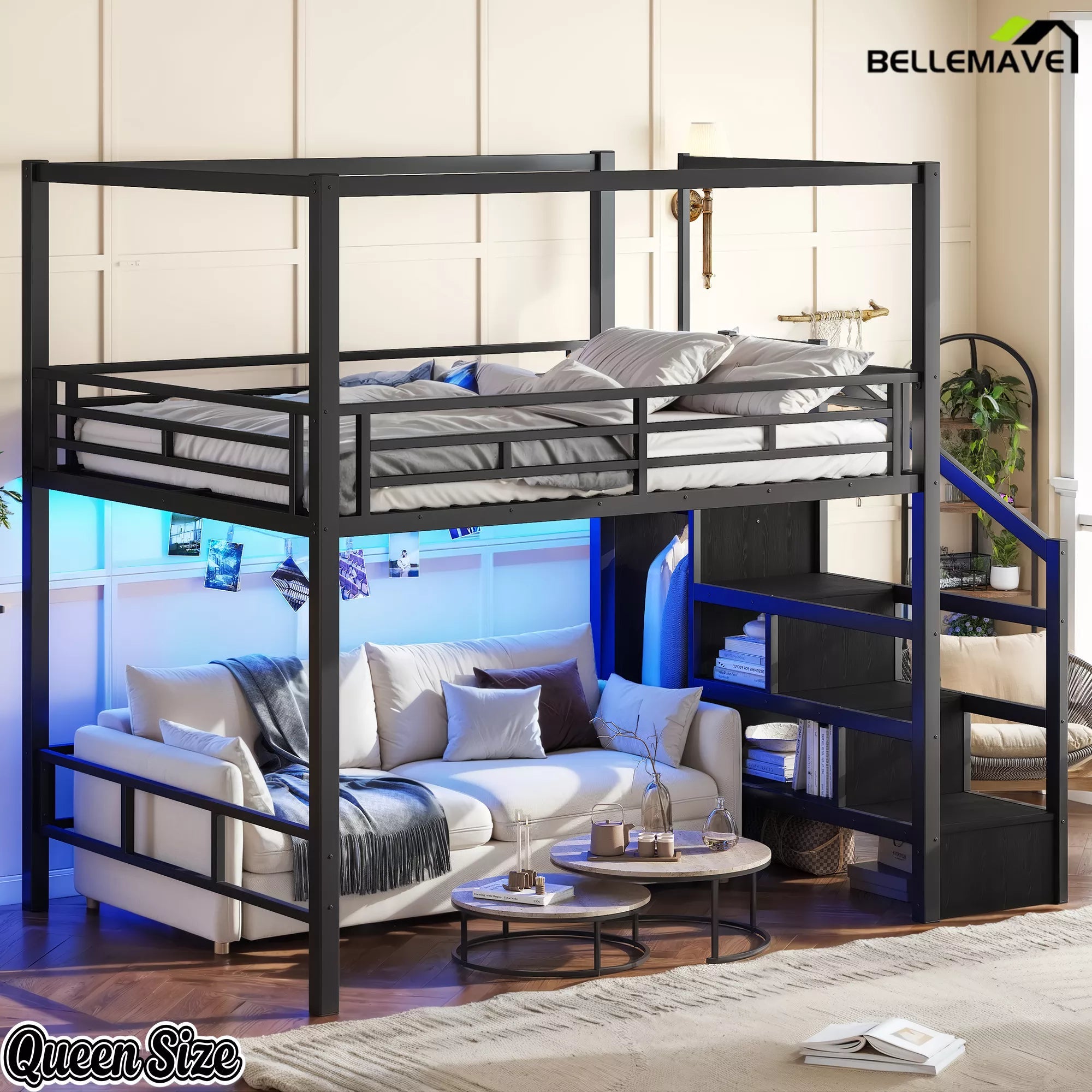 Queen size black loft bed with blue LED lighting under the bed