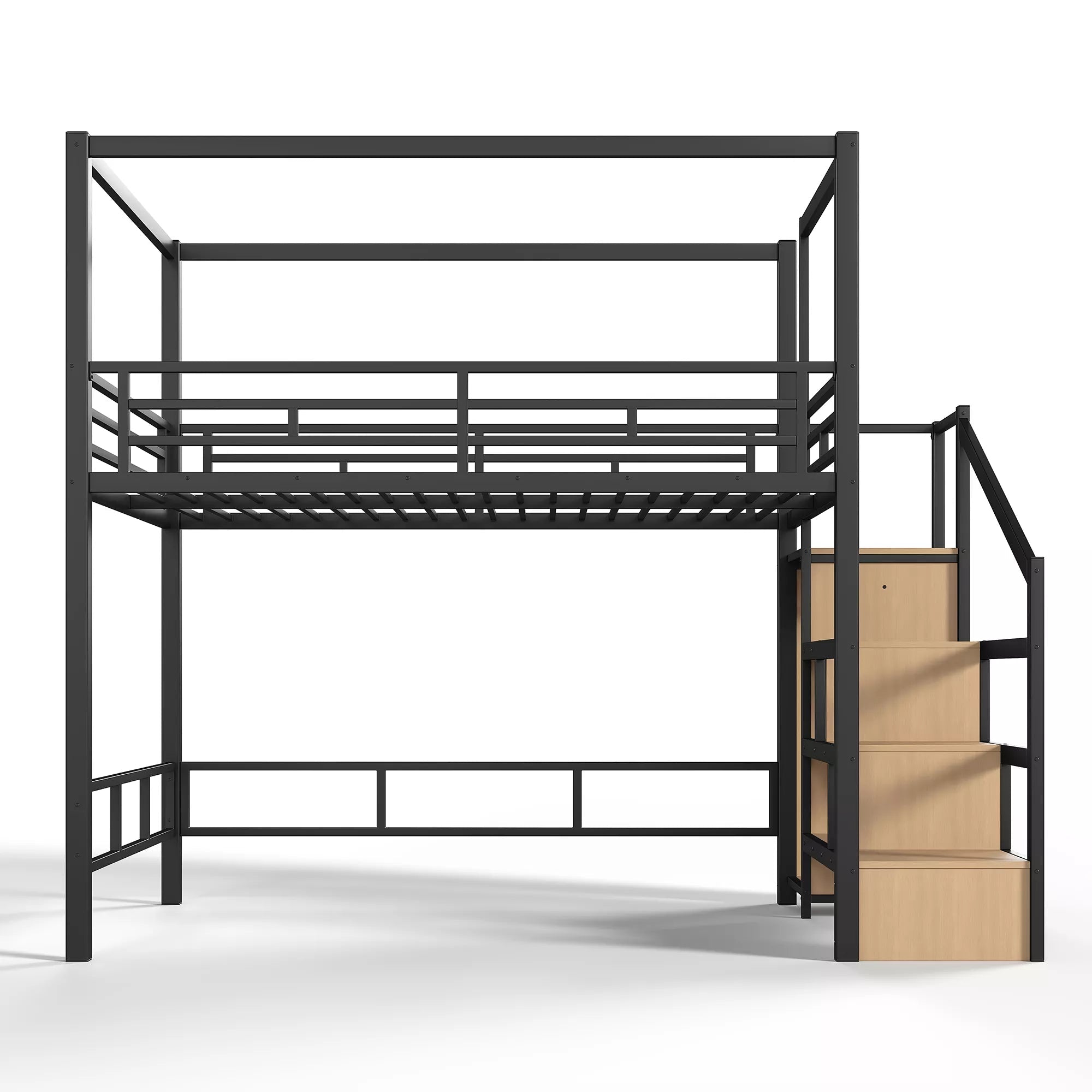 Black metal loft bed with built-in storage stairs and wardrobe