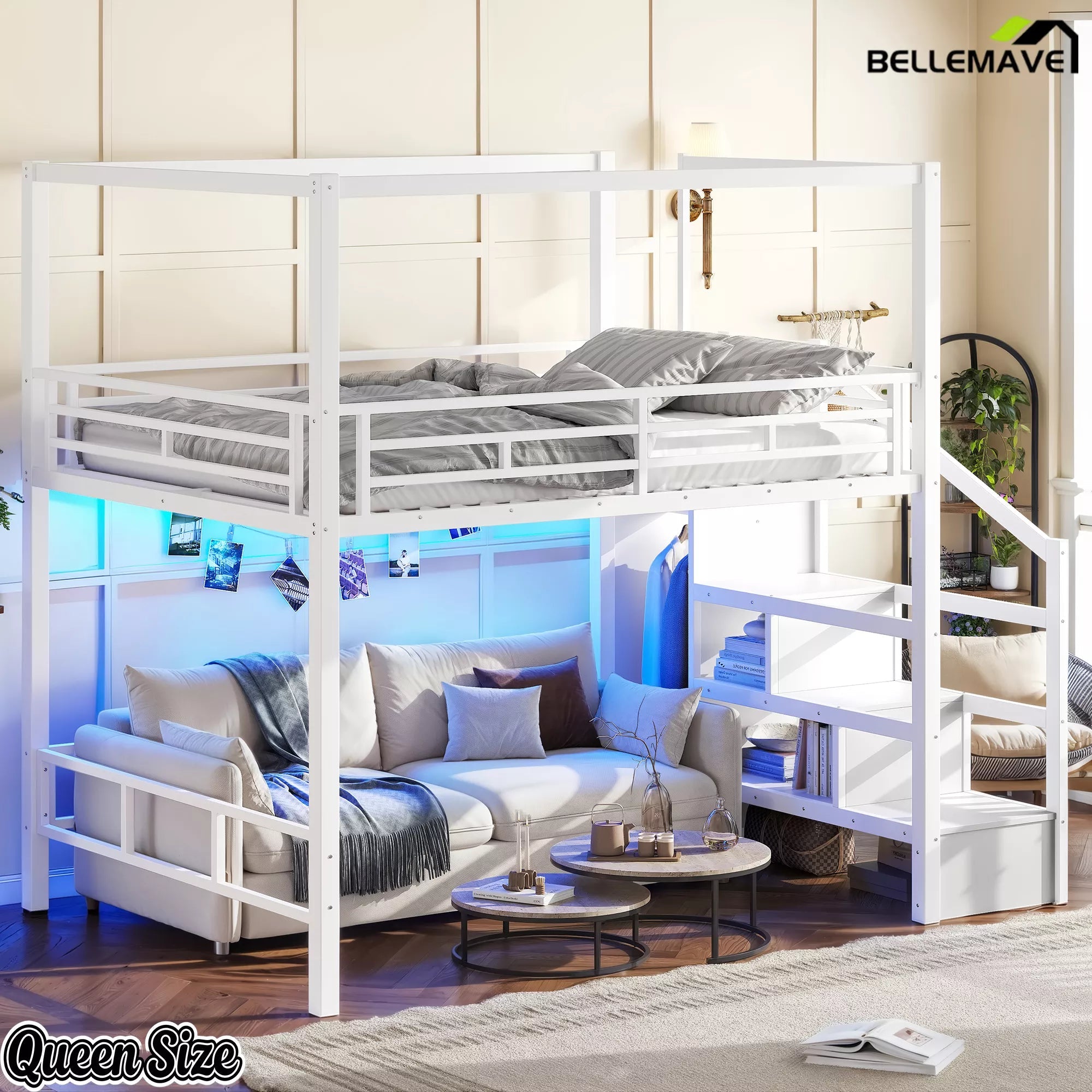 Queen size white metal loft bed with storage stairs and open space underneath
