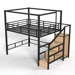 Black metal loft bed with storage stairs and wardrobe viewed from the front
