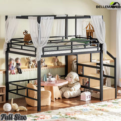 Full size loft bed with storage stairs, wardrobe, and open underbed space
