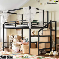 Full size metal loft bed with storage stairs, wardrobe, canopy frame, and LED light