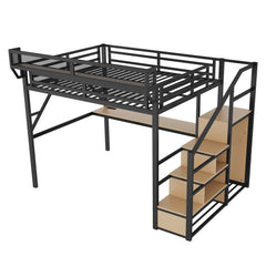 Bellemave® Metal Loft Bed with Desk and Charging Station, Stairs and Light - Bellemave