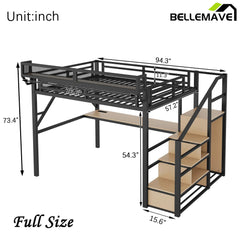 Bellemave® Metal Loft Bed with Desk and Charging Station, Stairs and Light - Bellemave