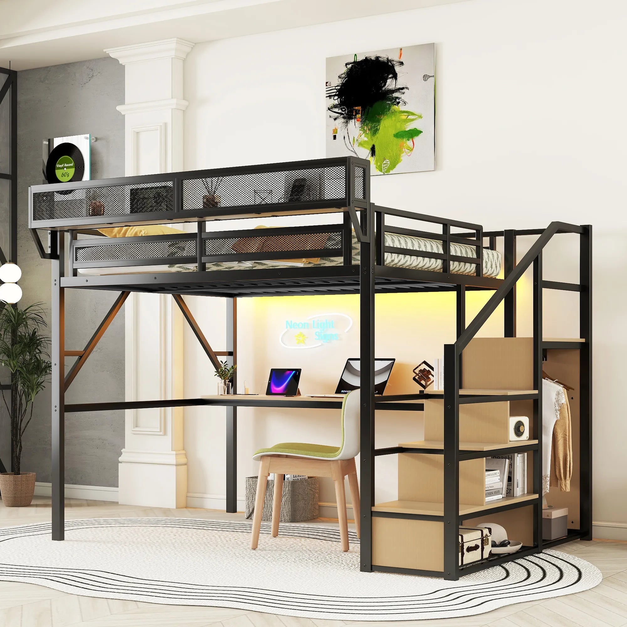 Bellemave® Metal Loft Bed with Desk and Charging Station, Stairs and Light - Bellemave