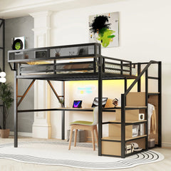 Bellemave® Metal Loft Bed with Desk and Charging Station, Stairs and Light - Bellemave