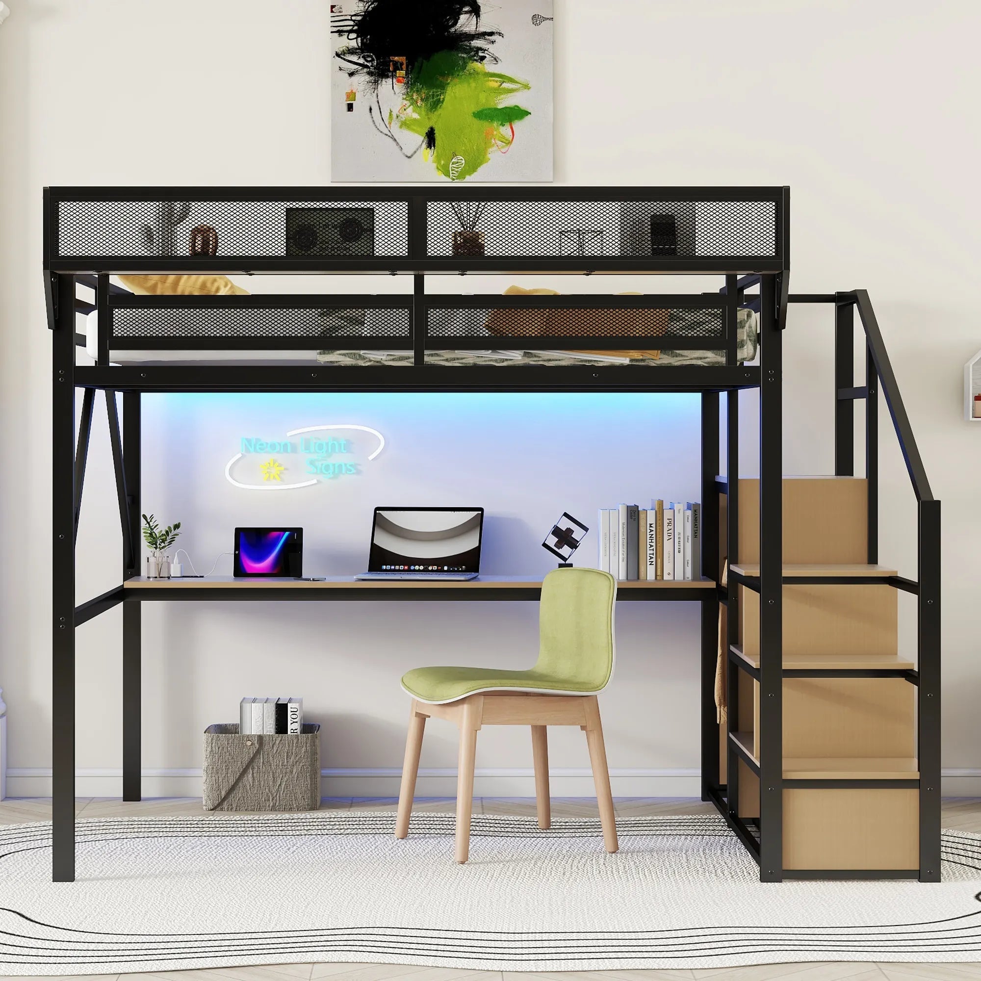 Bellemave® Metal Loft Bed with Desk and Charging Station, Stairs and Light - Bellemave