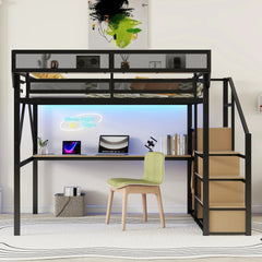 Bellemave® Metal Loft Bed with Desk and Charging Station, Stairs and Light - Bellemave
