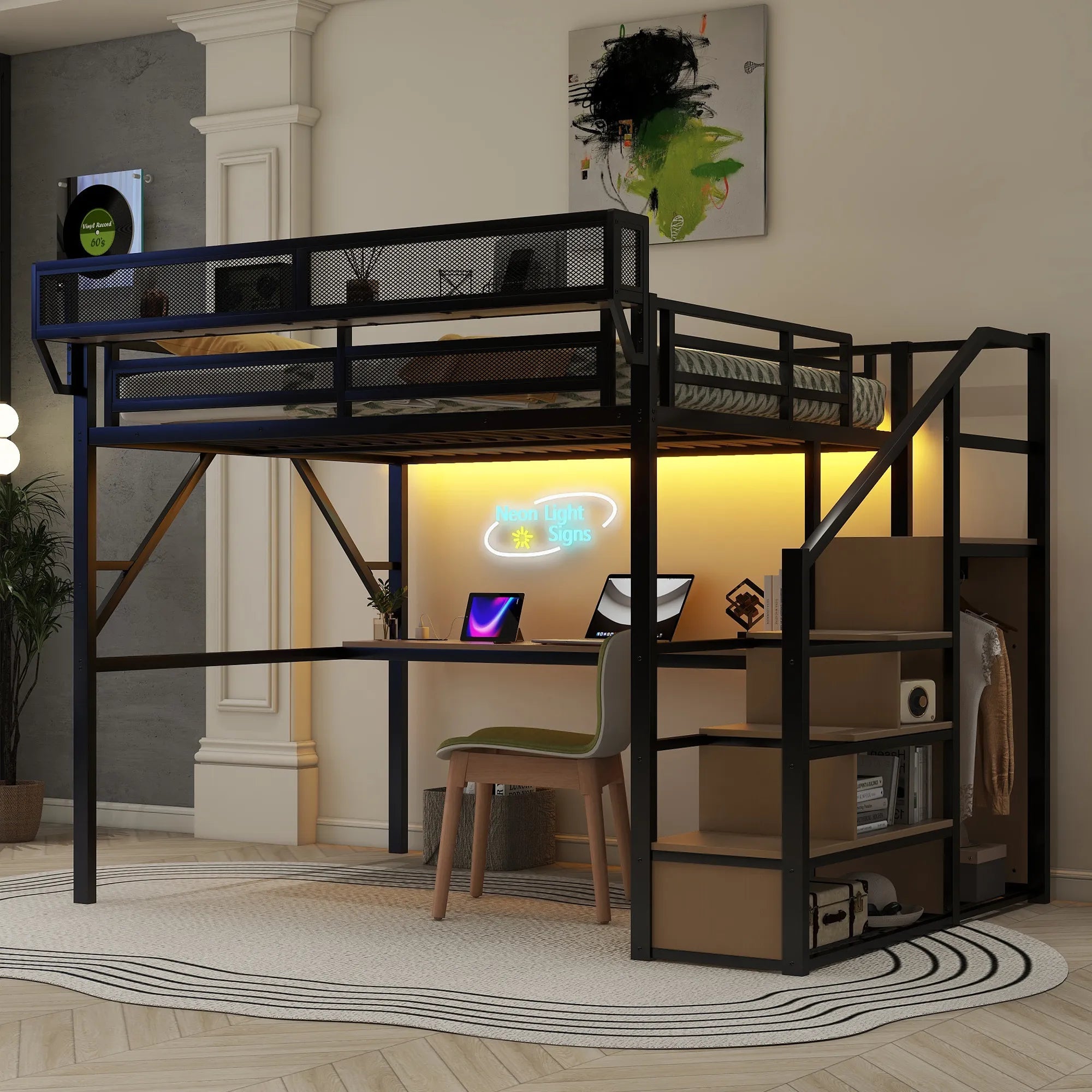 Bellemave® Metal Loft Bed with Desk and Charging Station, Stairs and Light - Bellemave