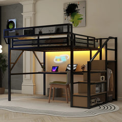 Bellemave® Metal Loft Bed with Desk and Charging Station, Stairs and Light - Bellemave