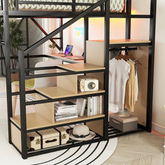 Bellemave® Metal Loft Bed with Desk and Charging Station, Stairs and Light - Bellemave