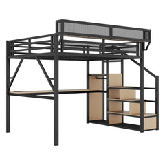 Bellemave® Metal Loft Bed with Desk and Charging Station, Stairs and Light - Bellemave