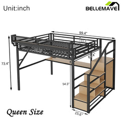 Bellemave® Metal Loft Bed with Desk and Charging Station, Stairs and Light - Bellemave