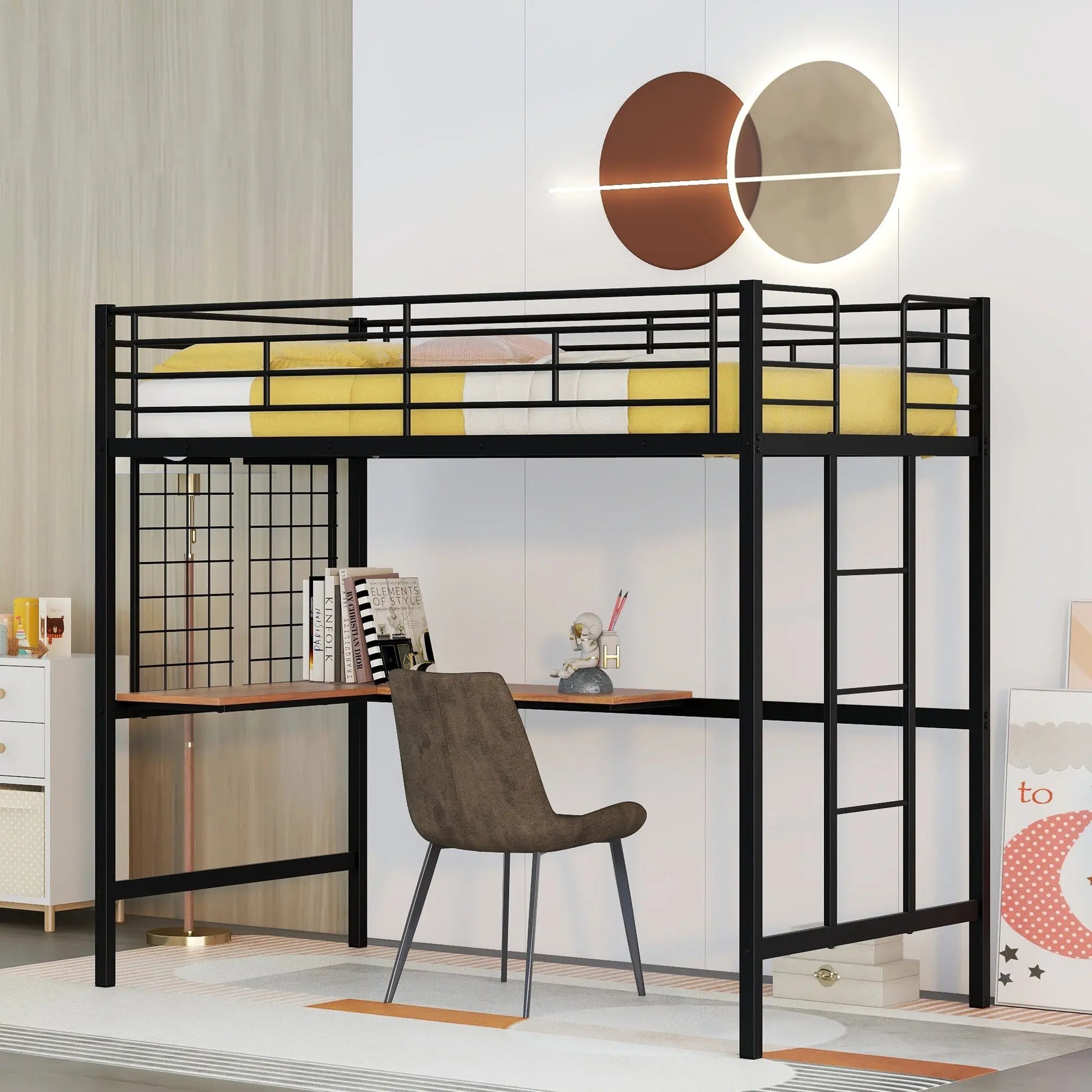 Bellemave® Metal Loft Bed with Desk and Metal Grid - Bellemave