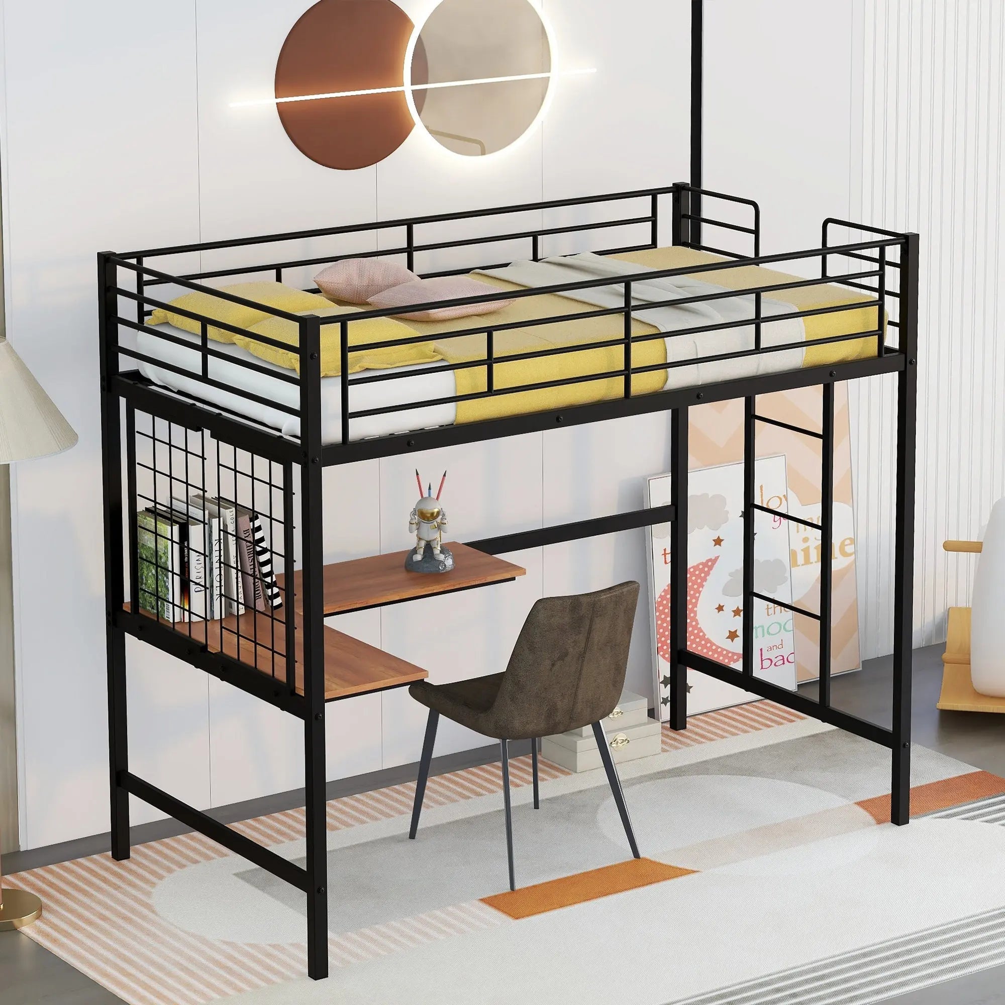 Bellemave® Metal Loft Bed with Desk and Metal Grid - Bellemave
