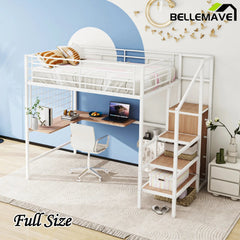 Bellemave® Metal Loft Bed with Desk and Metal Grid, Lateral Storage Ladder and Wardrobe - Bellemave