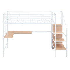 Bellemave® Metal Loft Bed with Desk and Metal Grid, Lateral Storage Ladder and Wardrobe - Bellemave