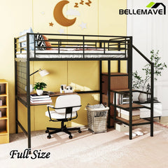 Bellemave® Metal Loft Bed with Desk and Metal Grid, Lateral Storage Ladder and Wardrobe - Bellemave