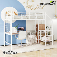 Bellemave® Metal Loft Bed with Desk and Metal Grid, Lateral Storage Ladder and Wardrobe - Bellemave