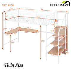 Bellemave® Metal Loft Bed with Desk and Metal Grid, Lateral Storage Ladder and Wardrobe - Bellemave