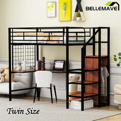 Bellemave® Metal Loft Bed with Desk and Metal Grid, Lateral Storage Ladder and Wardrobe - Bellemave