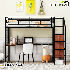 Bellemave® Metal Loft Bed with Desk and Metal Grid, Lateral Storage Ladder and Wardrobe - Bellemave