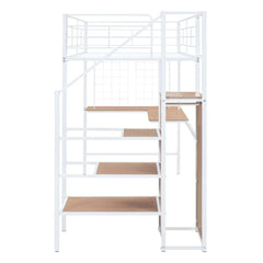 Bellemave® Metal Loft Bed with Desk and Metal Grid, Lateral Storage Ladder and Wardrobe - Bellemave
