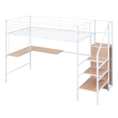 Bellemave® Metal Loft Bed with Desk and Metal Grid, Lateral Storage Ladder and Wardrobe - Bellemave