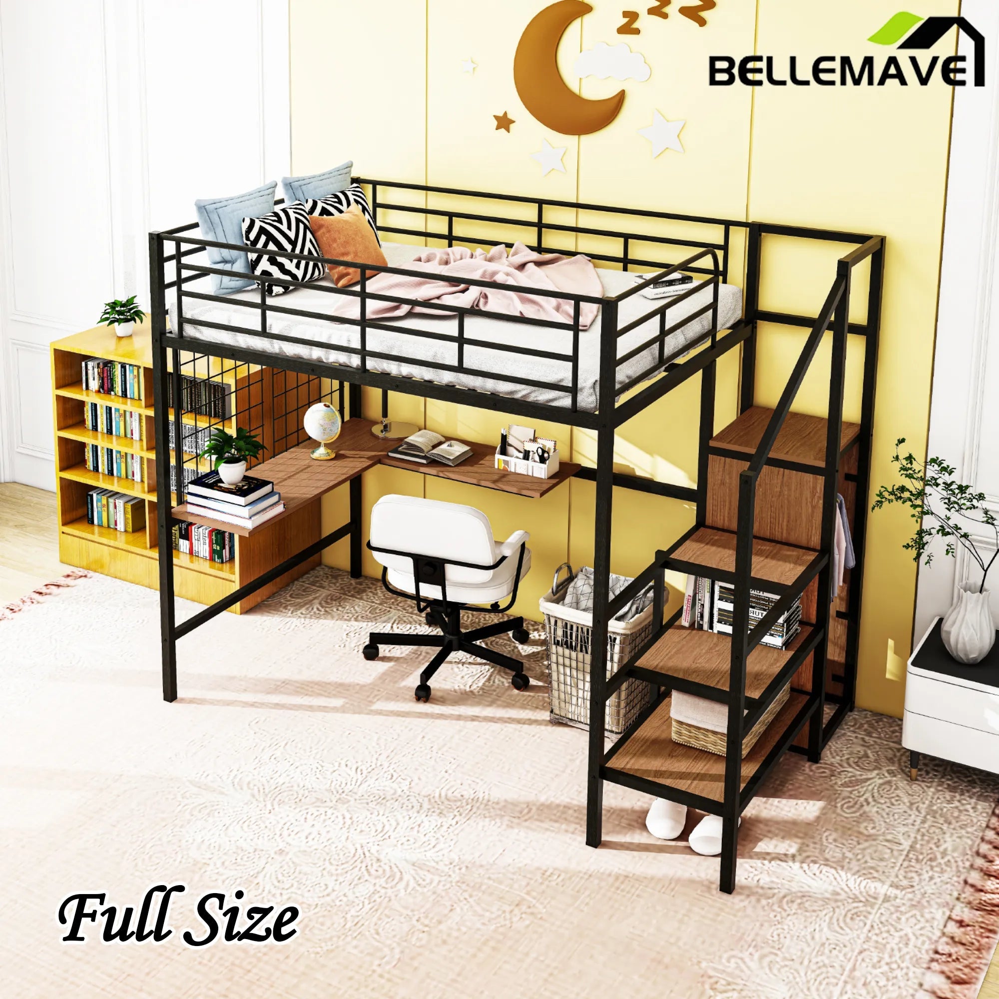 Bellemave® Metal Loft Bed with Desk and Metal Grid, Lateral Storage Ladder and Wardrobe - Bellemave