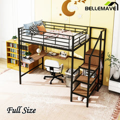 Bellemave® Metal Loft Bed with Desk and Metal Grid, Lateral Storage Ladder and Wardrobe - Bellemave