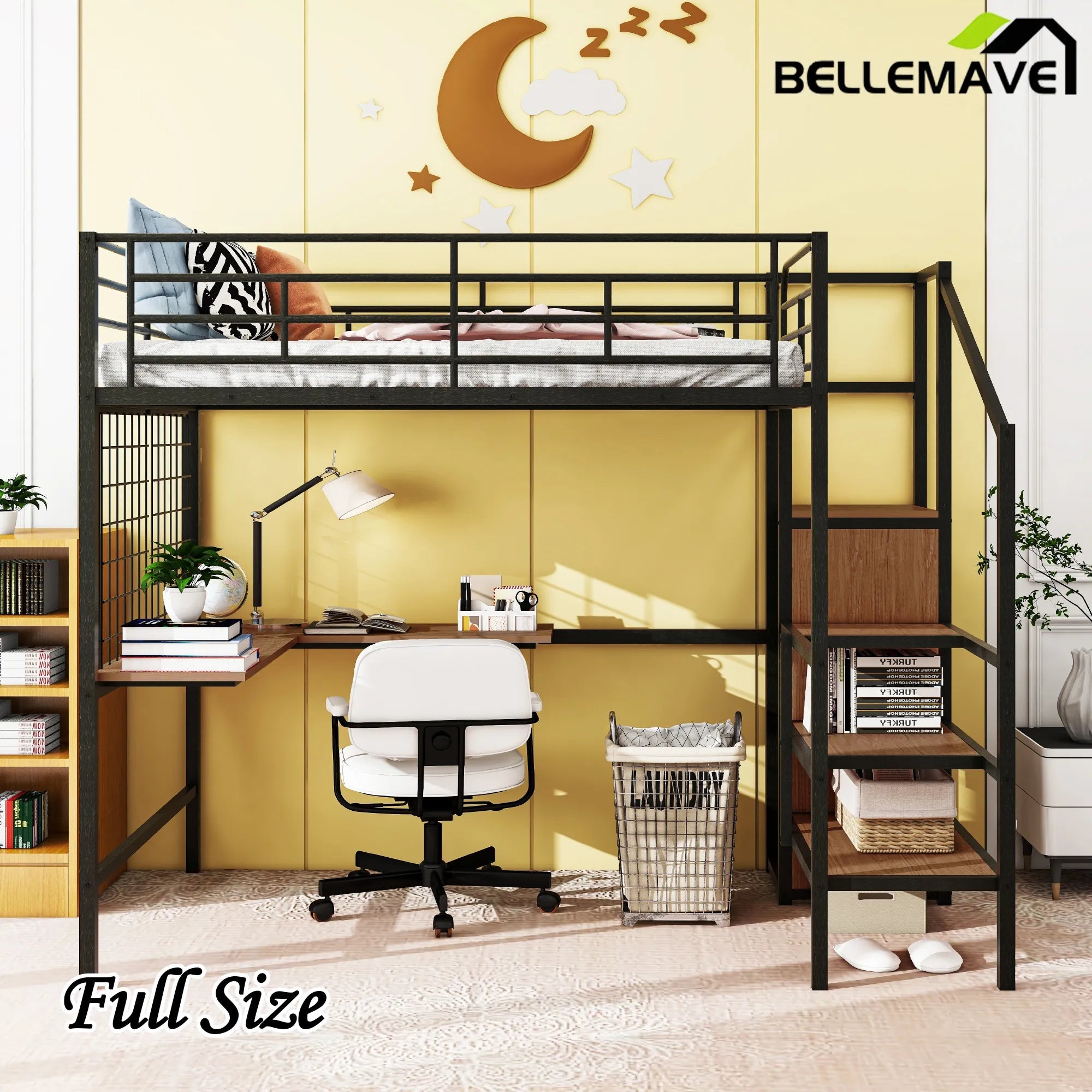 Bellemave® Metal Loft Bed with Desk and Metal Grid, Lateral Storage Ladder and Wardrobe - Bellemave