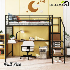 Bellemave® Metal Loft Bed with Desk and Metal Grid, Lateral Storage Ladder and Wardrobe - Bellemave