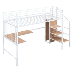 Bellemave® Metal Loft Bed with Desk and Metal Grid, Lateral Storage Ladder and Wardrobe - Bellemave