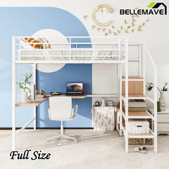 Bellemave® Metal Loft Bed with Desk and Metal Grid, Lateral Storage Ladder and Wardrobe - Bellemave