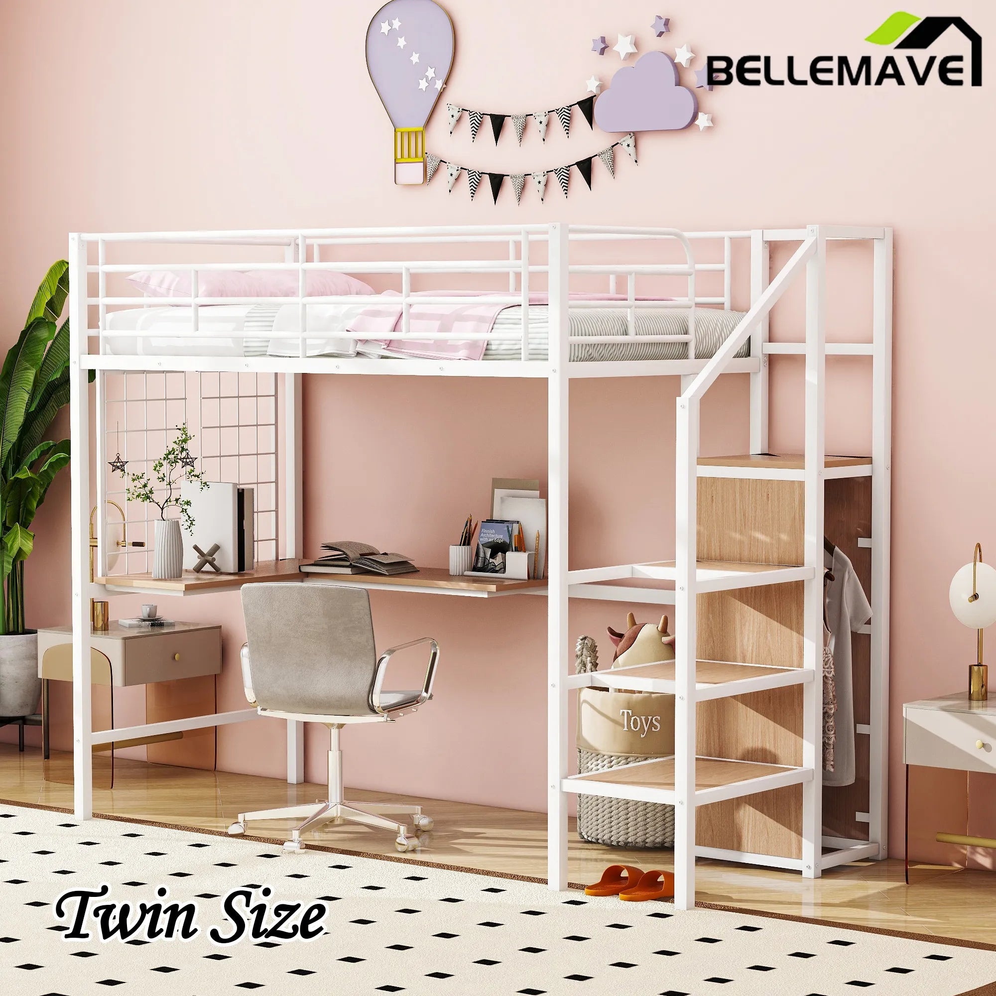 Bellemave® Metal Loft Bed with Desk and Metal Grid, Lateral Storage Ladder and Wardrobe - Bellemave