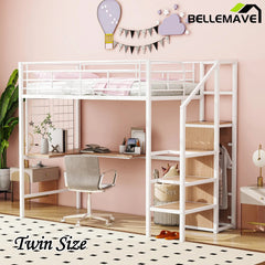 Bellemave® Metal Loft Bed with Desk and Metal Grid, Lateral Storage Ladder and Wardrobe - Bellemave