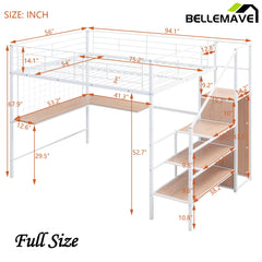 Bellemave® Metal Loft Bed with Desk and Metal Grid, Lateral Storage Ladder and Wardrobe - Bellemave