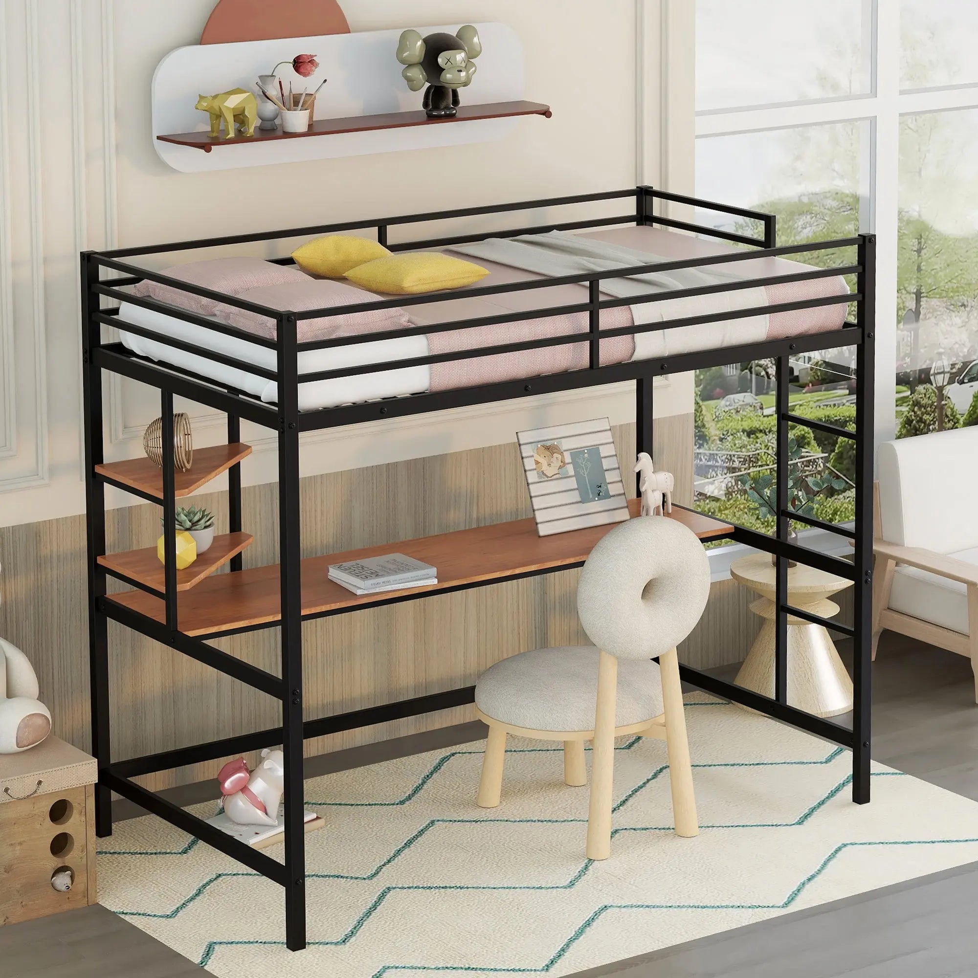 Bellemave® Metal Loft Bed with Desk and Shelve - Bellemave