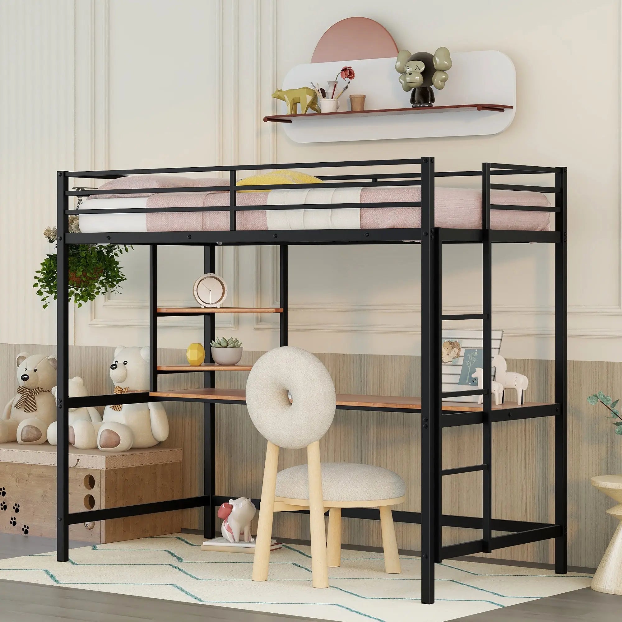 Bellemave® Metal Loft Bed with Desk and Shelve - Bellemave